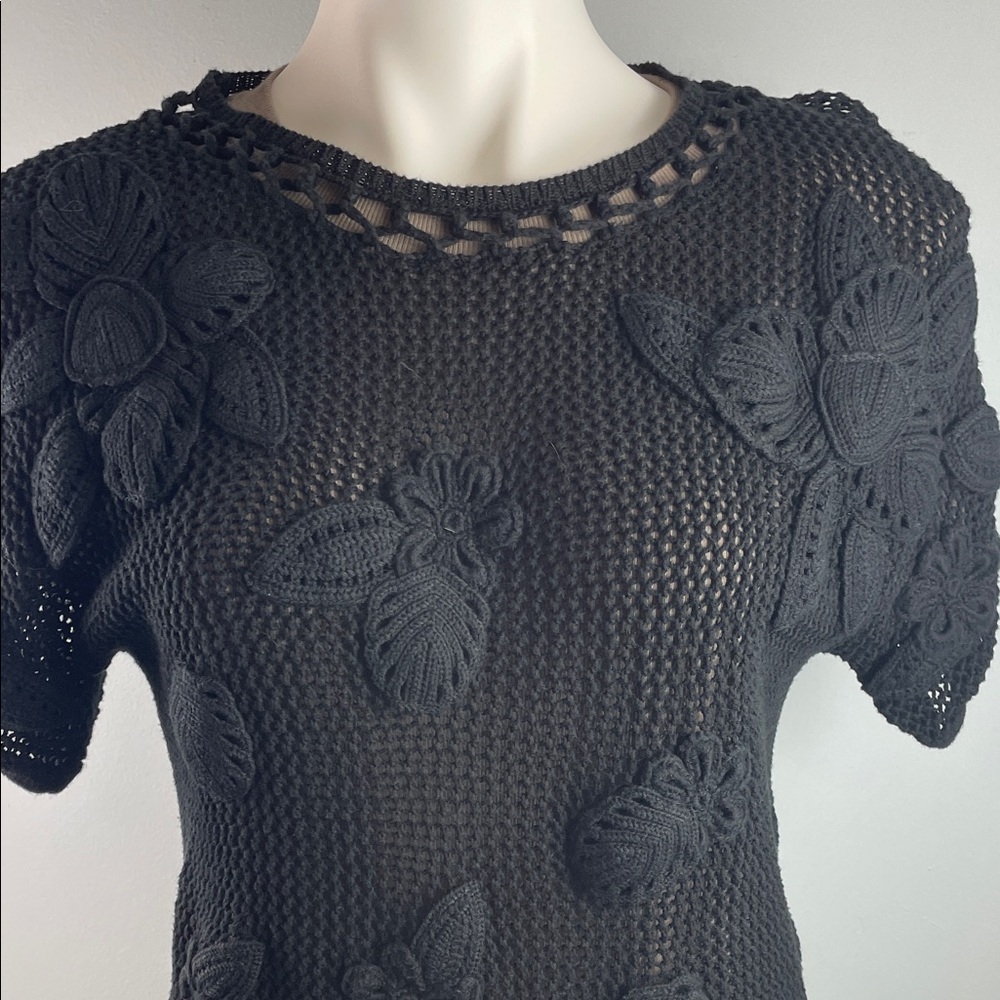 Chico's Jet Black Knit Top with Crochet Floral Appliqué Size 0 (4)